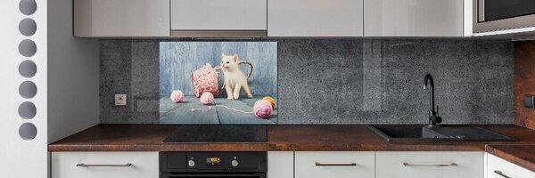 Panou sticlă decorativa bucătărie pisică albă și colacilor