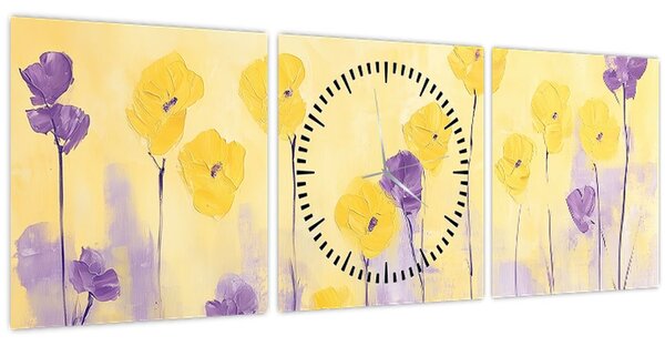 Tablou - Flori mov și galbene (cu ceas) (90x30 cm)