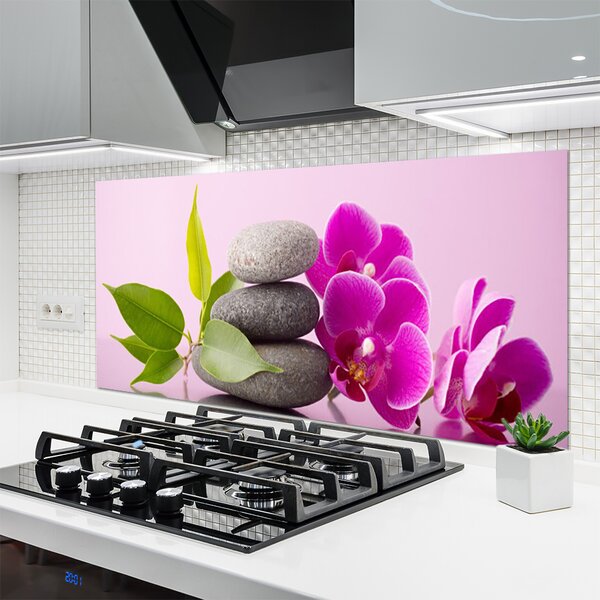 Panou sticla bucatarie Pietrele de flori Frunze Floral Roz Gri Verde