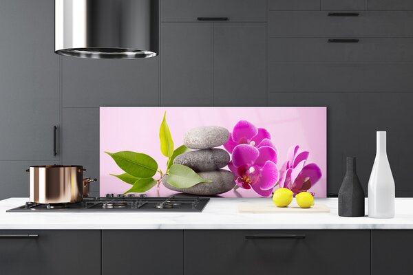 Panou sticla bucatarie Pietrele de flori Frunze Floral Roz Gri Verde