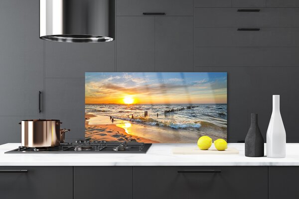 Panou sticla bucatarie Sun Sea Beach Peisaj Galben Albastru Maro