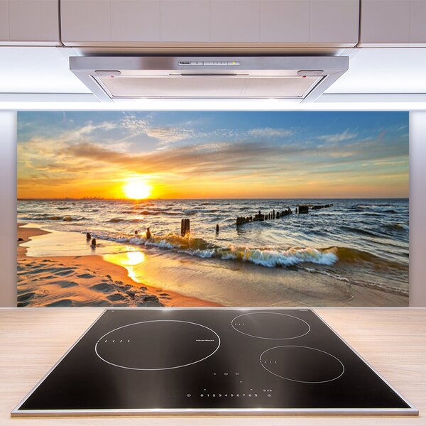 Panou sticla bucatarie Sun Sea Beach Peisaj Galben Albastru Maro
