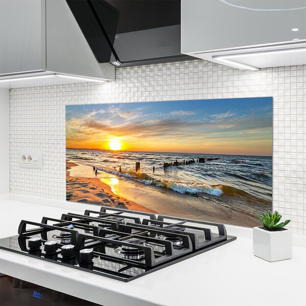 Panou sticla bucatarie Sun Sea Beach Peisaj Galben Albastru Maro