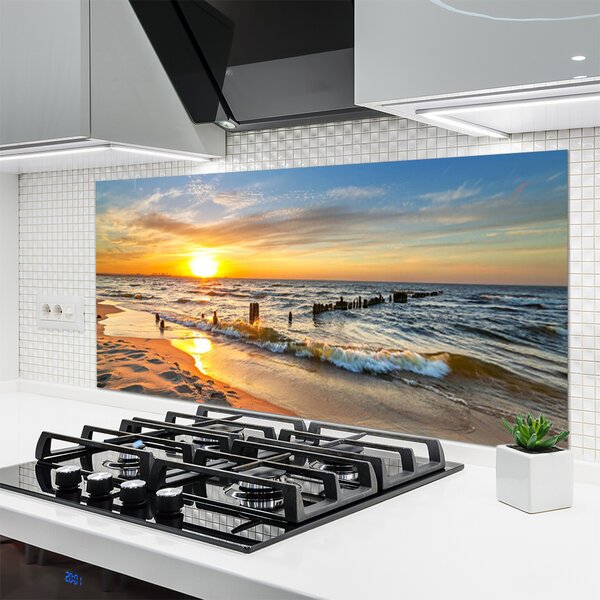 Panou sticla bucatarie Sun Sea Beach Peisaj Galben Albastru Maro