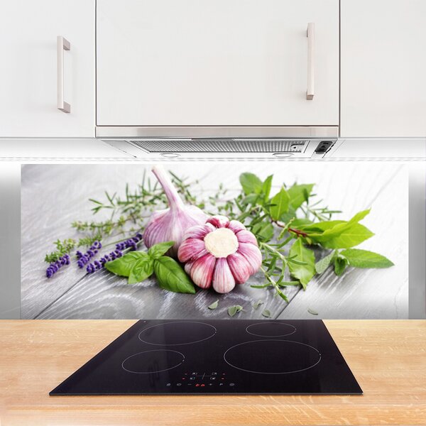 Panou sticla bucatarie Usturoi Frunze florale flori Purple Verde Maro