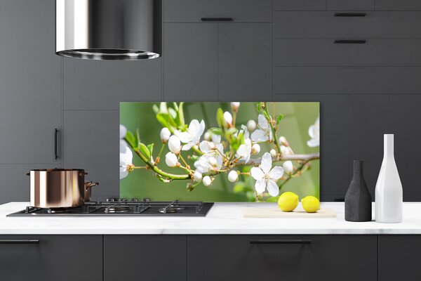 Panou sticla bucatarie Ramuri Flori Floral Verde Alb