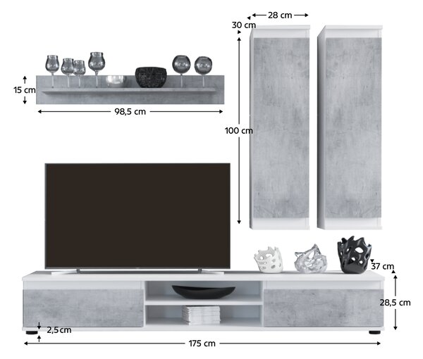 KONDELA Mobilier de perete living, beton/alb, LUSIANA