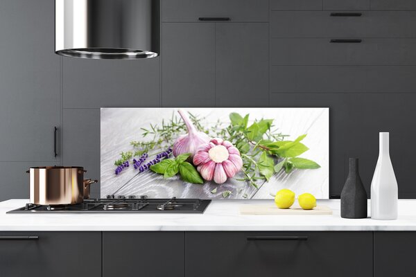 Panou sticla bucatarie Usturoi Frunze florale flori Purple Verde Maro