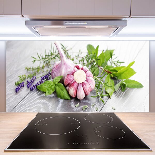 Panou sticla bucatarie Usturoi Frunze florale flori Purple Verde Maro