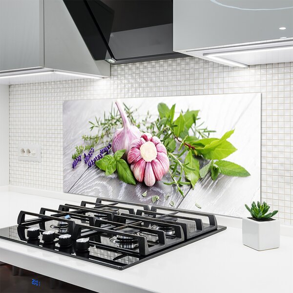 Panou sticla bucatarie Usturoi Frunze florale flori Purple Verde Maro