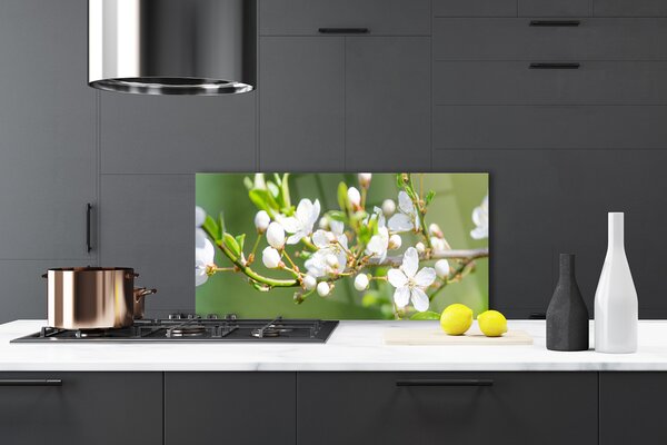 Panou sticla bucatarie Ramuri Flori Floral Verde Alb