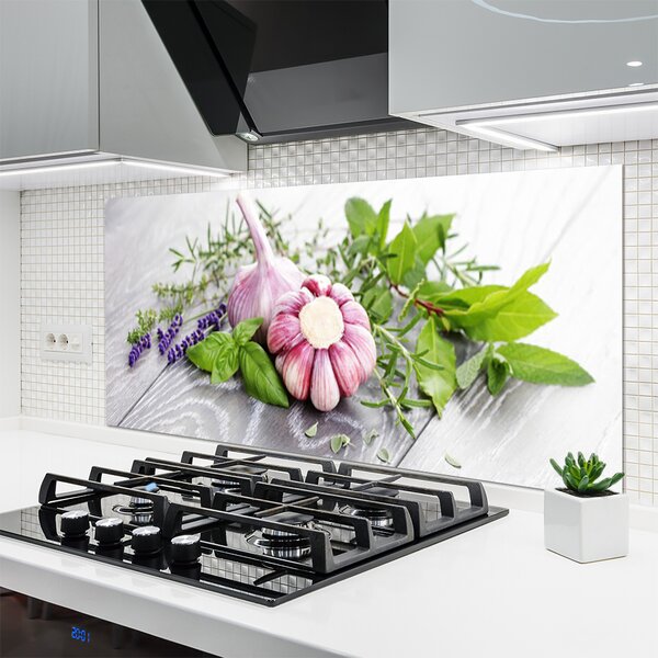 Panou sticla bucatarie Usturoi Frunze florale flori Purple Verde Maro