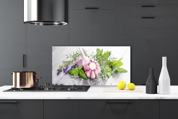 Panou sticla bucatarie Usturoi Frunze florale flori Purple Verde Maro