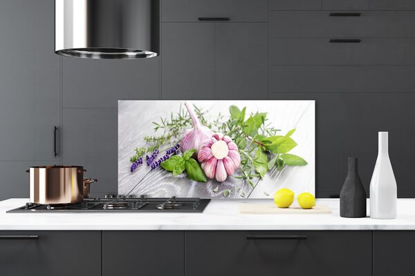 Panou sticla bucatarie Usturoi Frunze florale flori Purple Verde Maro