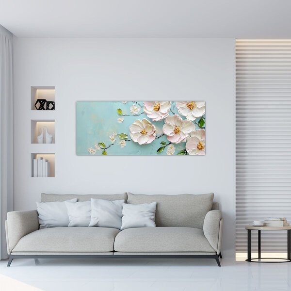 Tablou - Flori pe fundal albastru (120x50 cm)
