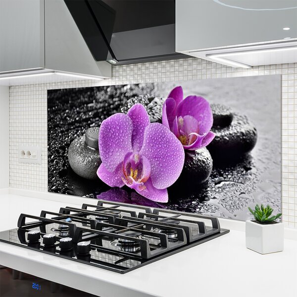 Panou sticla bucatarie Floare pietre Floral Roz Negru Gri