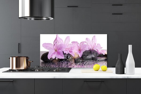 Panou sticla bucatarie Pietrele florale flori roz negru