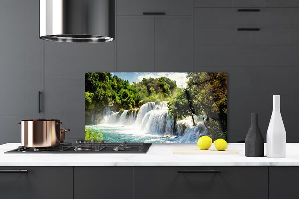 Panou sticla bucatarie Cascada Copaci Natura Maro Verde Alb Albastru