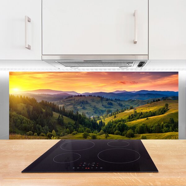 Panou sticla bucatarie Sun Mountain Forest Meadow Natura Galben Albastru Verde