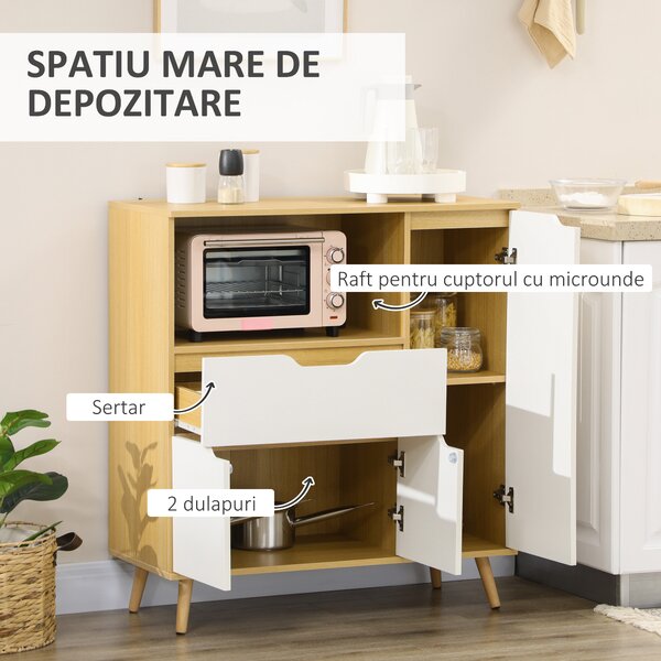 HOMCOM Dulap Multifuncțional pentru Cuptor cu Microunde, PAL, Raft Deschis, 2 Dulapuri, Sertar, 90x40x98.5cm, Alb și Lemn | Aosom Romania