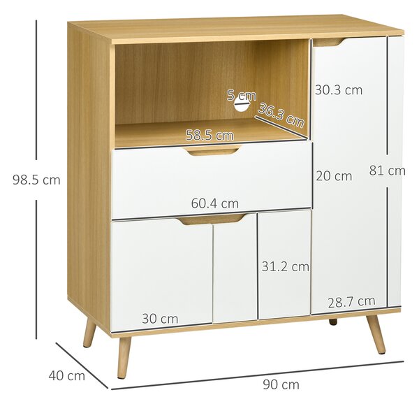 HOMCOM Dulap Multifuncțional pentru Cuptor cu Microunde, PAL, Raft Deschis, 2 Dulapuri, Sertar, 90x40x98.5cm, Alb și Lemn | Aosom Romania