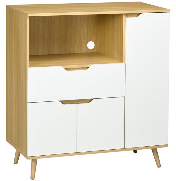 HOMCOM Dulap Multifuncțional pentru Cuptor cu Microunde, PAL, Raft Deschis, 2 Dulapuri, Sertar, 90x40x98.5cm, Alb și Lemn | Aosom Romania