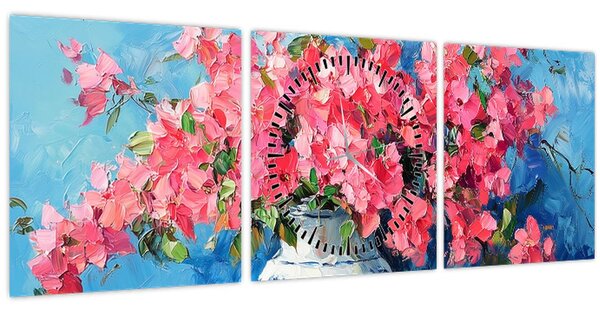 Tablou - Vază cu flori roz (cu ceas) (90x30 cm)