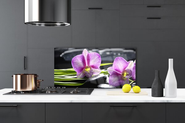 Panou sticla bucatarie Pietrele florale flori roz negru