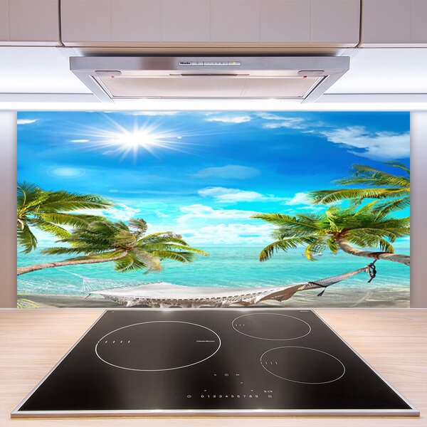 Panou sticla bucatarie Sun Sea Palm Hamac Peisaj Alb Albastru Maro Alb