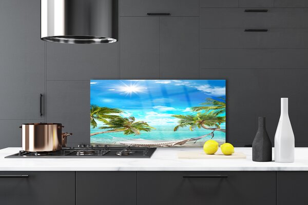 Panou sticla bucatarie Sun Sea Palm Hamac Peisaj Alb Albastru Maro Alb