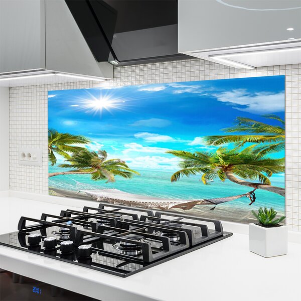 Panou sticla bucatarie Sun Sea Palm Hamac Peisaj Alb Albastru Maro Alb