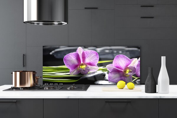 Panou sticla bucatarie Pietrele florale flori roz negru