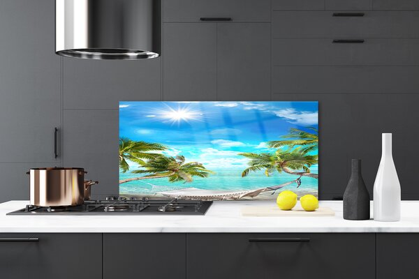 Panou sticla bucatarie Sun Sea Palm Hamac Peisaj Alb Albastru Maro Alb