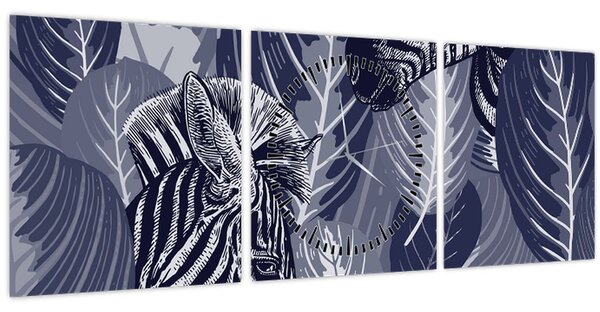 Tablou - Zebre albastre (cu ceas) (90x30 cm)