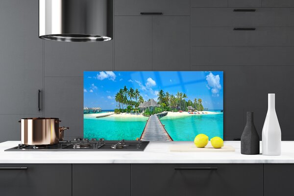 Panou sticla bucatarie Palm Beach Copaci Marea Podul Arhitectură Brun Verde Gri Albastru