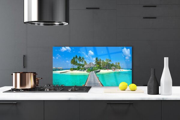 Panou sticla bucatarie Palm Beach Copaci Marea Podul Arhitectură Brun Verde Gri Albastru
