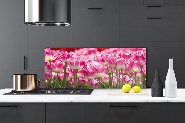 Panou sticla bucatarie Lalele Floral Verde Alb Roșu