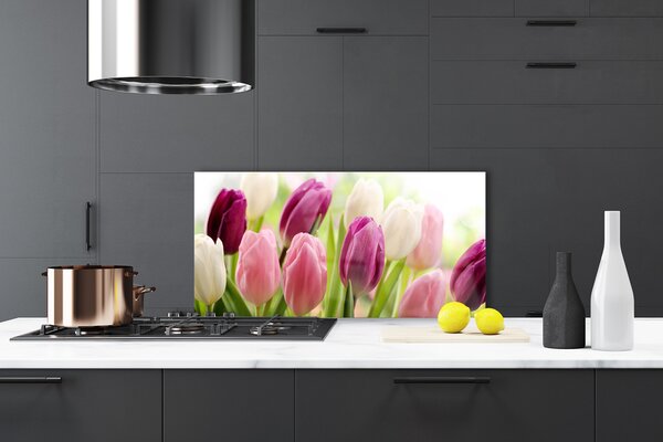 Panou sticla bucatarie Lalele Floral Alb Roșu Roz