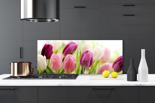 Panou sticla bucatarie Lalele Floral Alb Roșu Roz