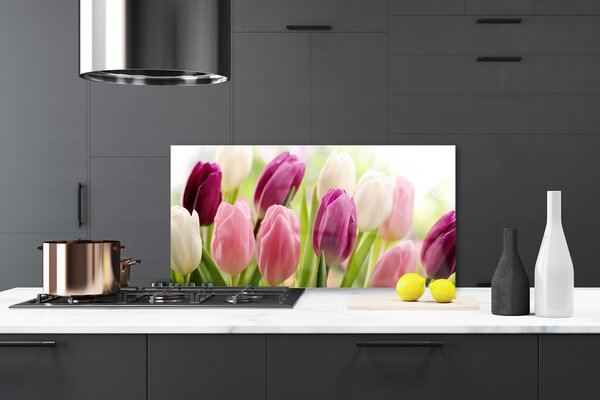 Panou sticla bucatarie Lalele Floral Alb Roșu Roz