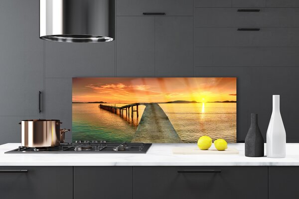 Panou sticla bucatarie Sea Sun Podul Peisaj Galben Gri