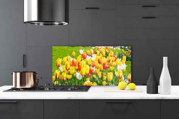 Panou sticla bucatarie Lalele Floral Galben Roșu Alb