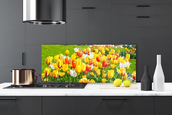 Panou sticla bucatarie Lalele Floral Galben Roșu Alb