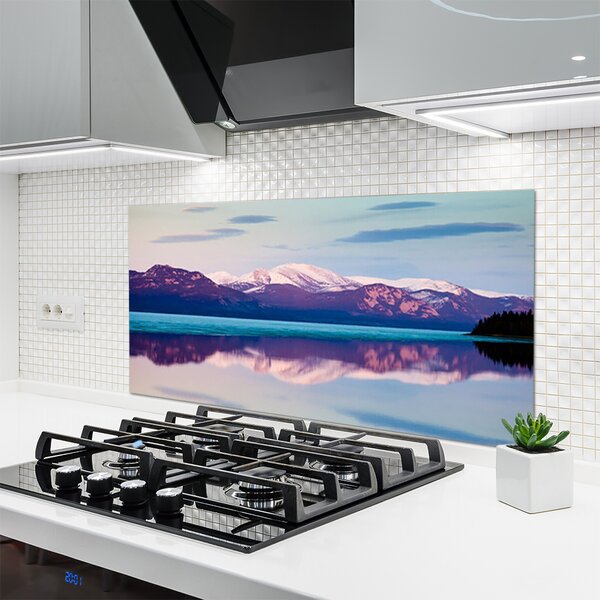 Panou sticla bucatarie Mountain Lake Peisaj Alb Negru Maro Albastru