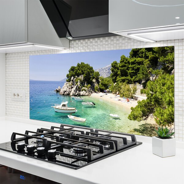 Panou sticla bucatarie Marea barca Rocks Beach Peisaj Albastru Alb Verde Gri