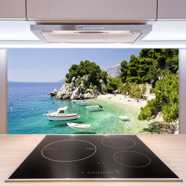 Panou sticla bucatarie Marea barca Rocks Beach Peisaj Albastru Alb Verde Gri