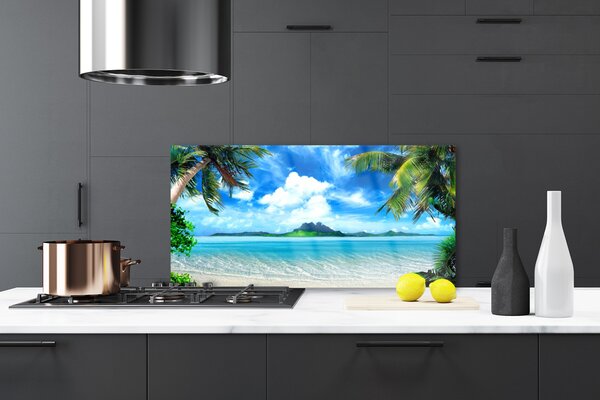 Panou sticla bucatarie Palm Sea peisaj copac Maro Verde Albastru