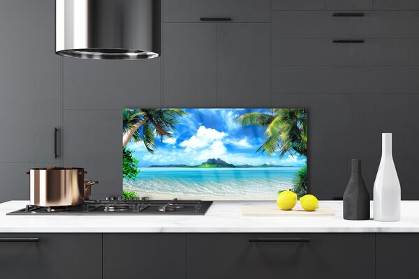 Panou sticla bucatarie Palm Sea peisaj copac Maro Verde Albastru