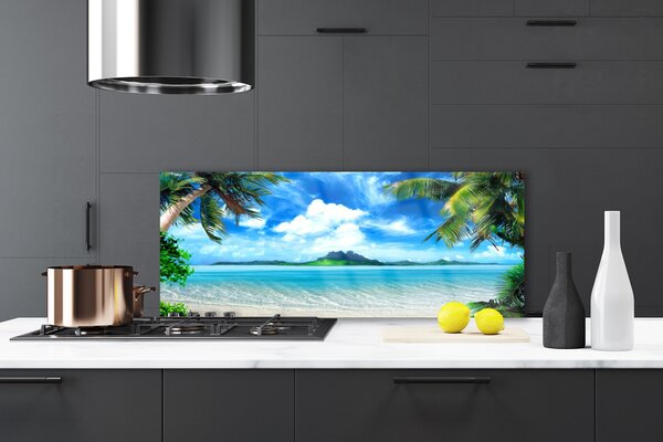 Panou sticla bucatarie Palm Sea peisaj copac Maro Verde Albastru
