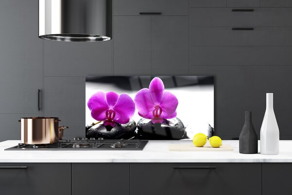 Panou sticla bucatarie Pietrele florale flori roz negru